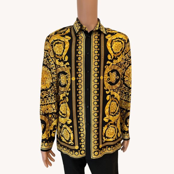 VERSACE BARROCCO SILK TWILL SHIRT IN BLACK + GOLD - Picture 2 of 8